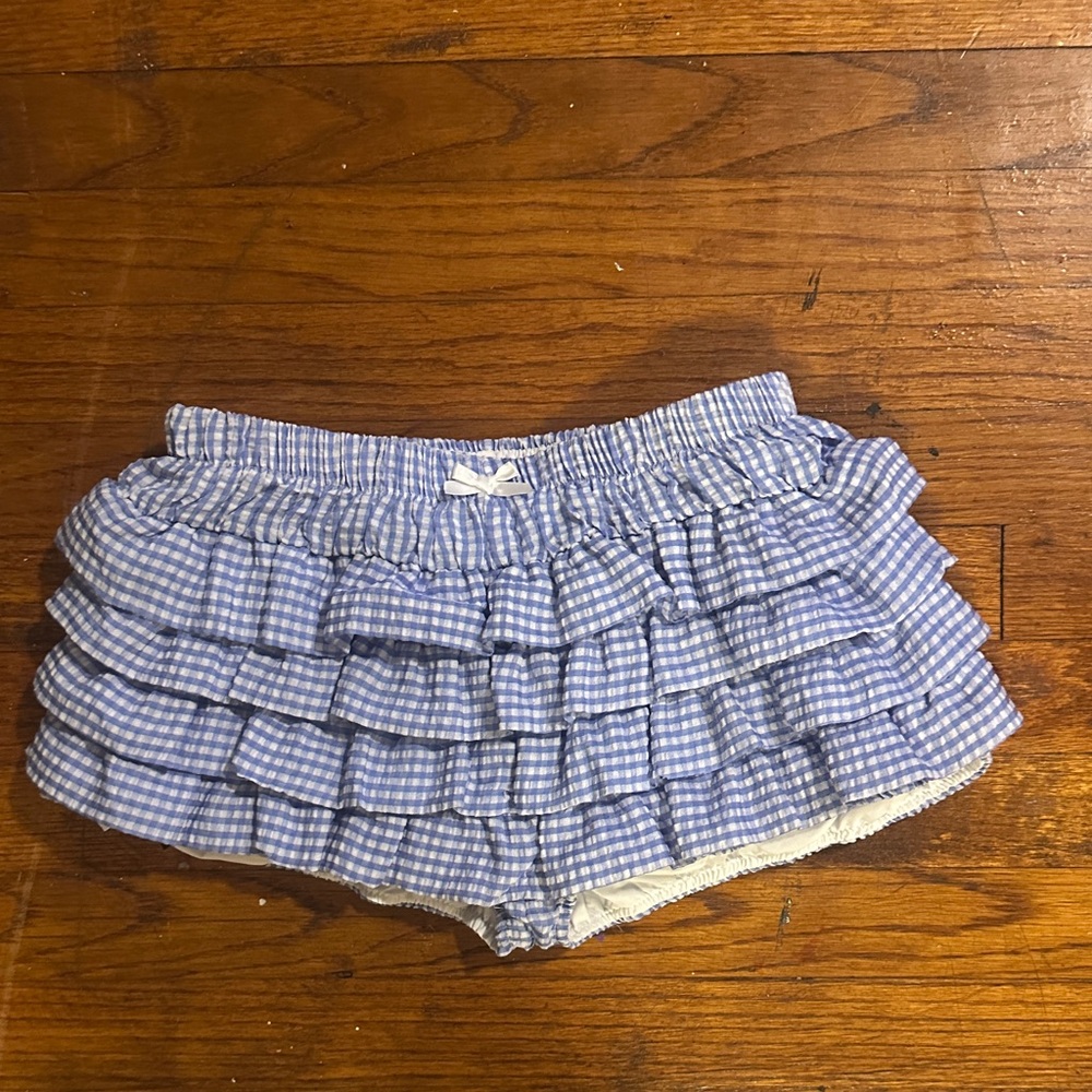Blue Gingham Ruffle Women Shorts